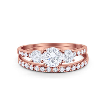 Three Stone Two Piece Bridal Round Rose Tone, Simulated Cubic Zirconia Wedding Ring 925 Sterling Silver
